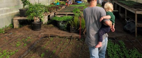 Five Tales Farm Family in the greenhouse with seedlings